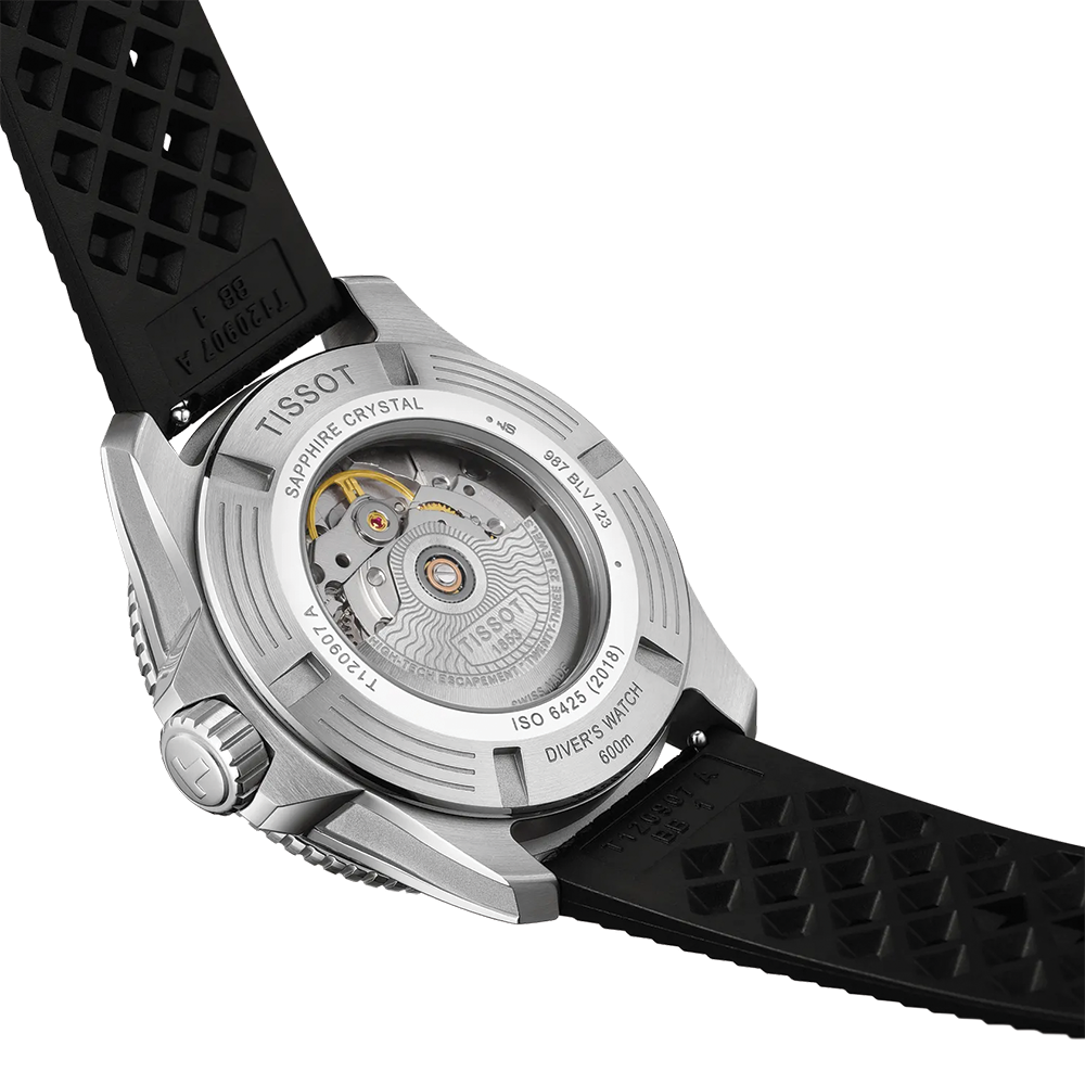 Back view of Tissot Seastar 2000 diver watch with transparent case back and visible movement