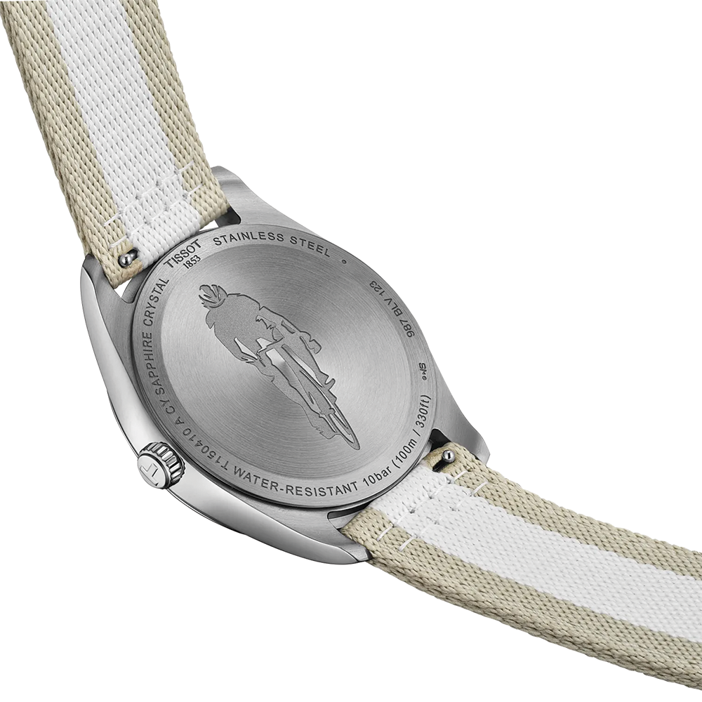 Rear view of Tissot PR 100 watch showing stainless steel case back with engravings and striped fabric strap