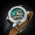 Tuning Fork Spaceview 314 39mm watch with teal skeleton dial showing copper coils and silver gears on black leather strap