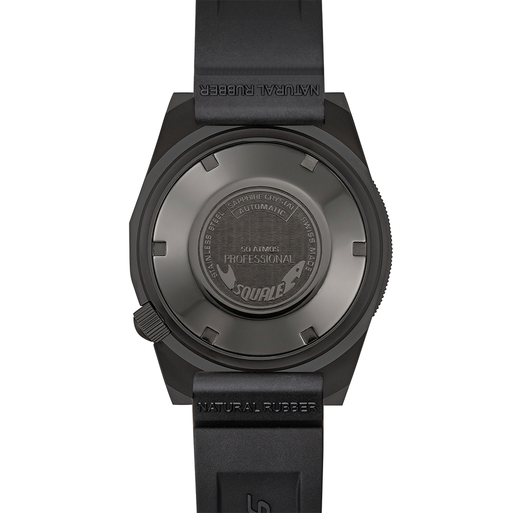 Back view of the SQUALE 1521 watch with stainless steel case back and natural rubber strap