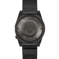 Back view of the SQUALE 1521 watch with stainless steel case back and natural rubber strap