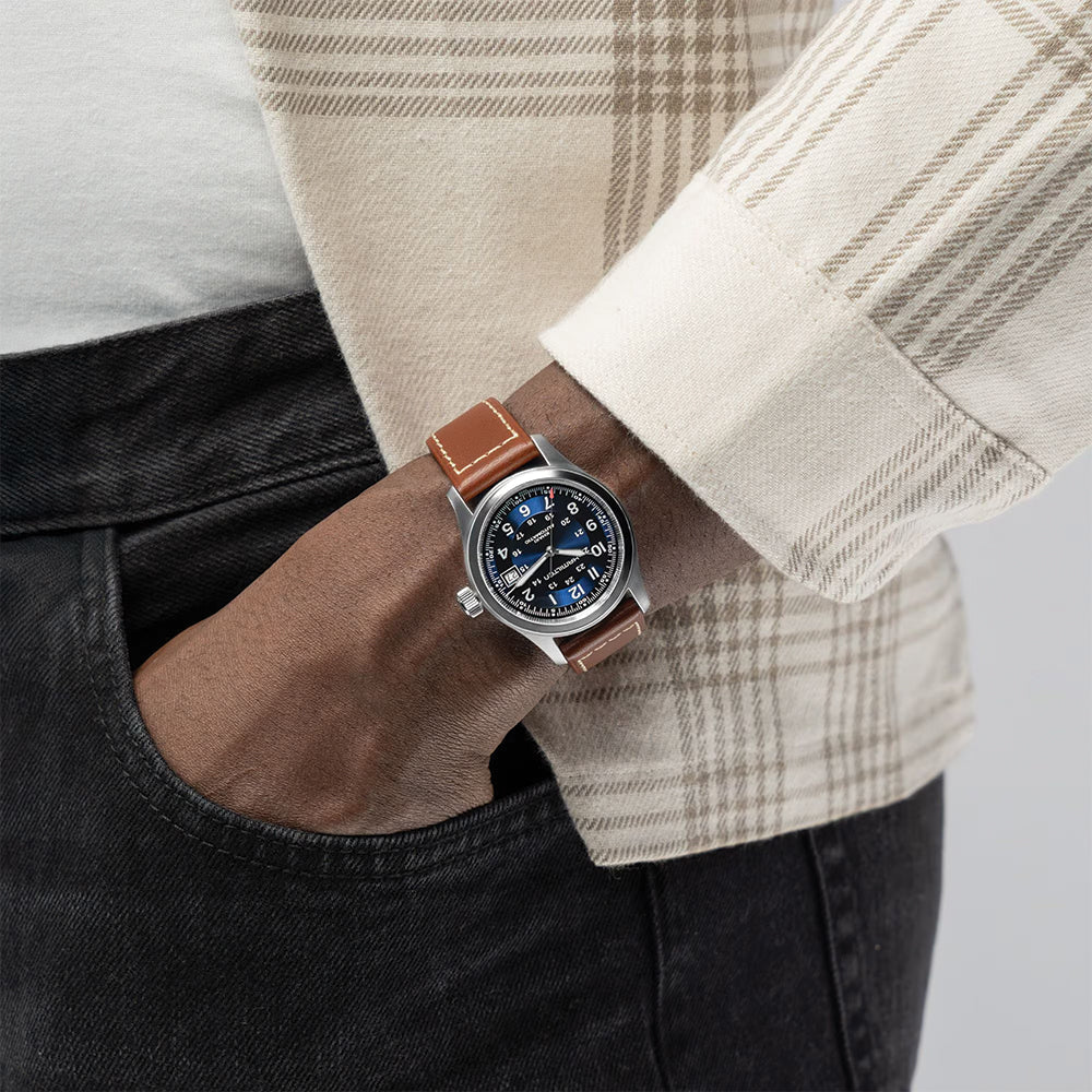 Khaki Field Auto Date 38mm - Blue on Leather Strap