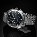 Horizon 41.5mm watch in black on a stainless steel bracelet showcasing moon phase and multiple subdials