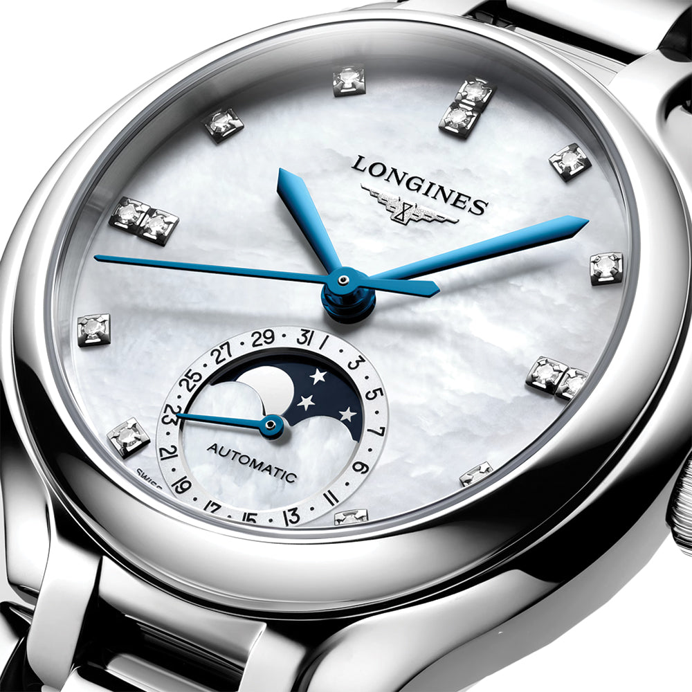 PrimaLuna Moonphase 34mm - White, Mother-of-Pearl w/ Diamonds on Bracelet