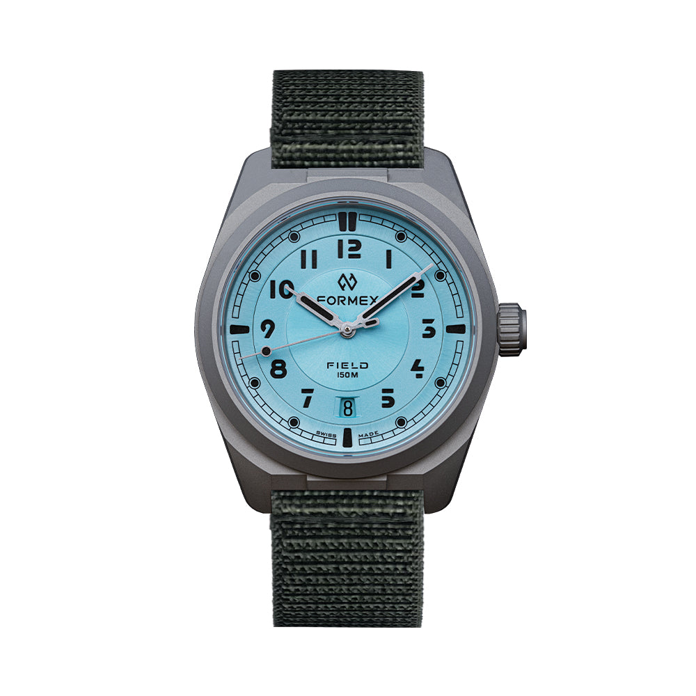 Field Automatic Gen 2 Ice Blue 40mm watch with light blue dial and olive green nylon strap