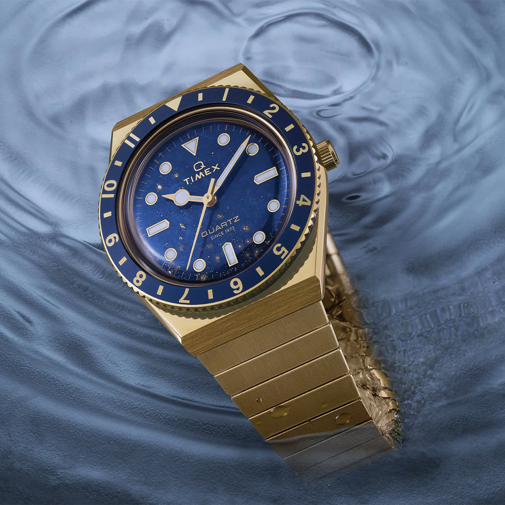 Q Timex® Gold-Tone 36mm - Blue on Stainless Steel Expansion Band