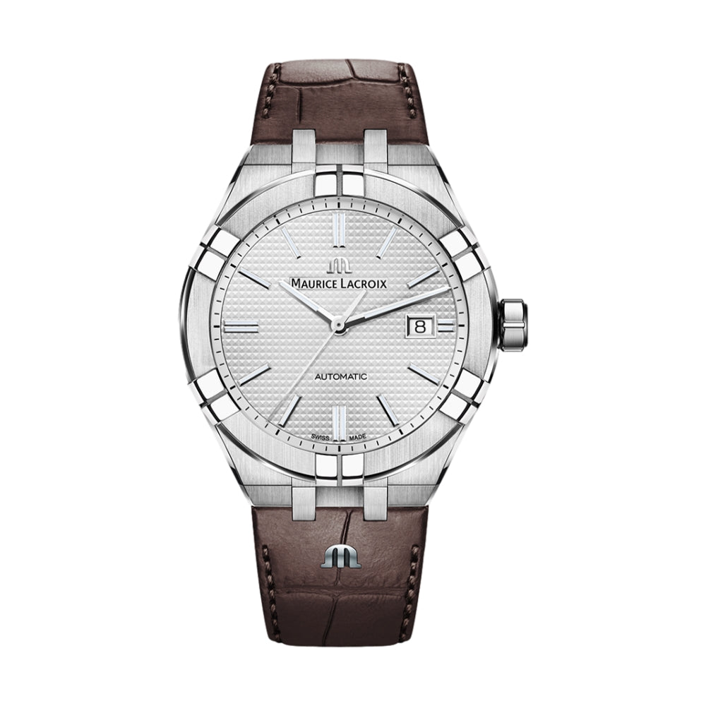 Maurice Lacroix AIKON automatic watch with white textured dial and brown leather strap