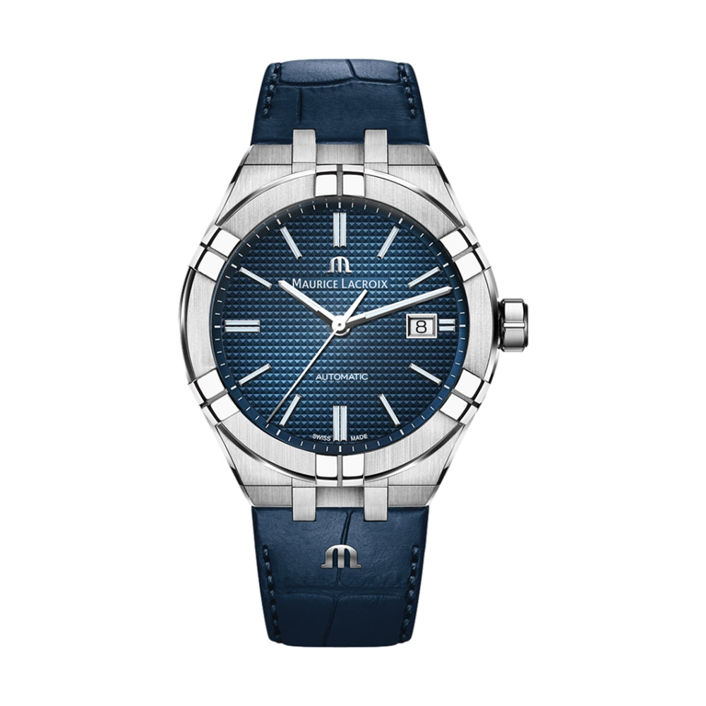 Maurice Lacroix AIKON Automatic Date 42mm blue dial watch with stainless steel case and blue leather strap