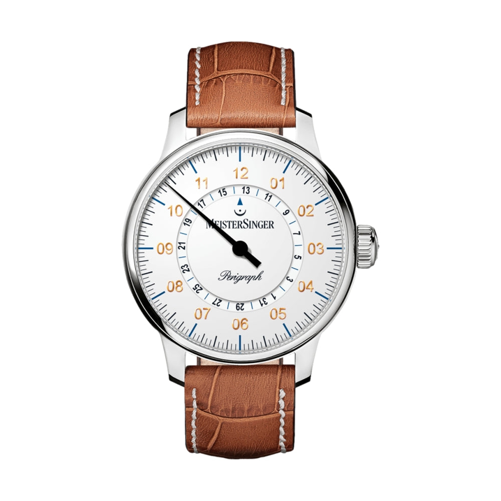 Perigraph White Dial 43mm on Cognac Croco Print Leather Strap w/ White Stitching
