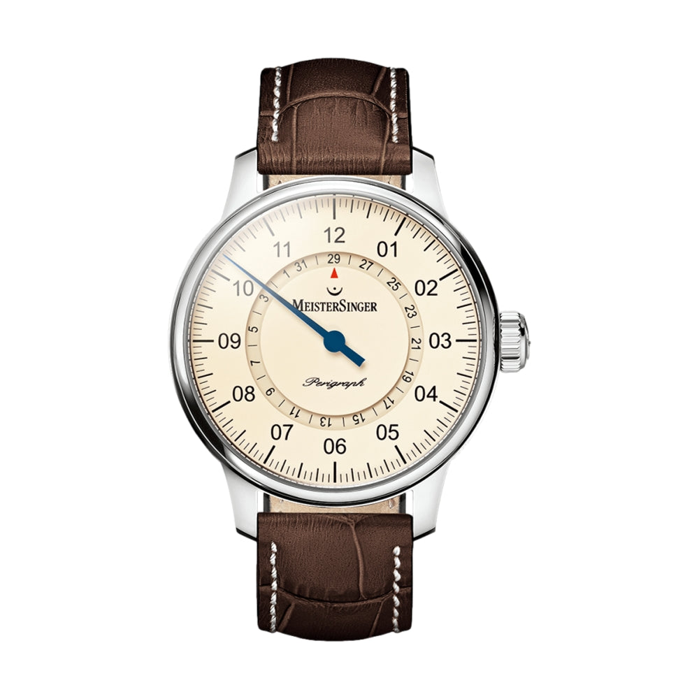 Perigraph Ivory Dial 43mm on Brown Croco Print Leather Strap w/ White Stitching