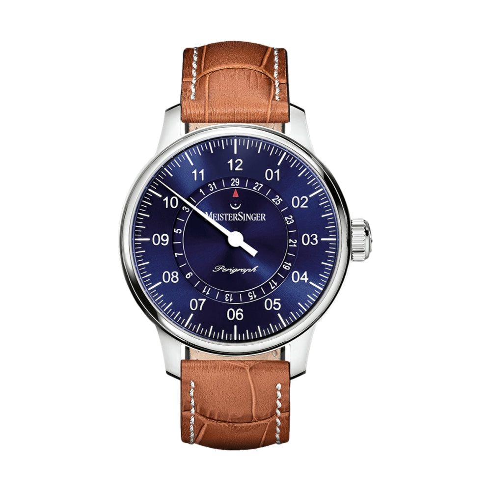 Perigraph Sunburst Blue Dial 43mm on Cognac Croco Print Leather Strap w/ White Stitching