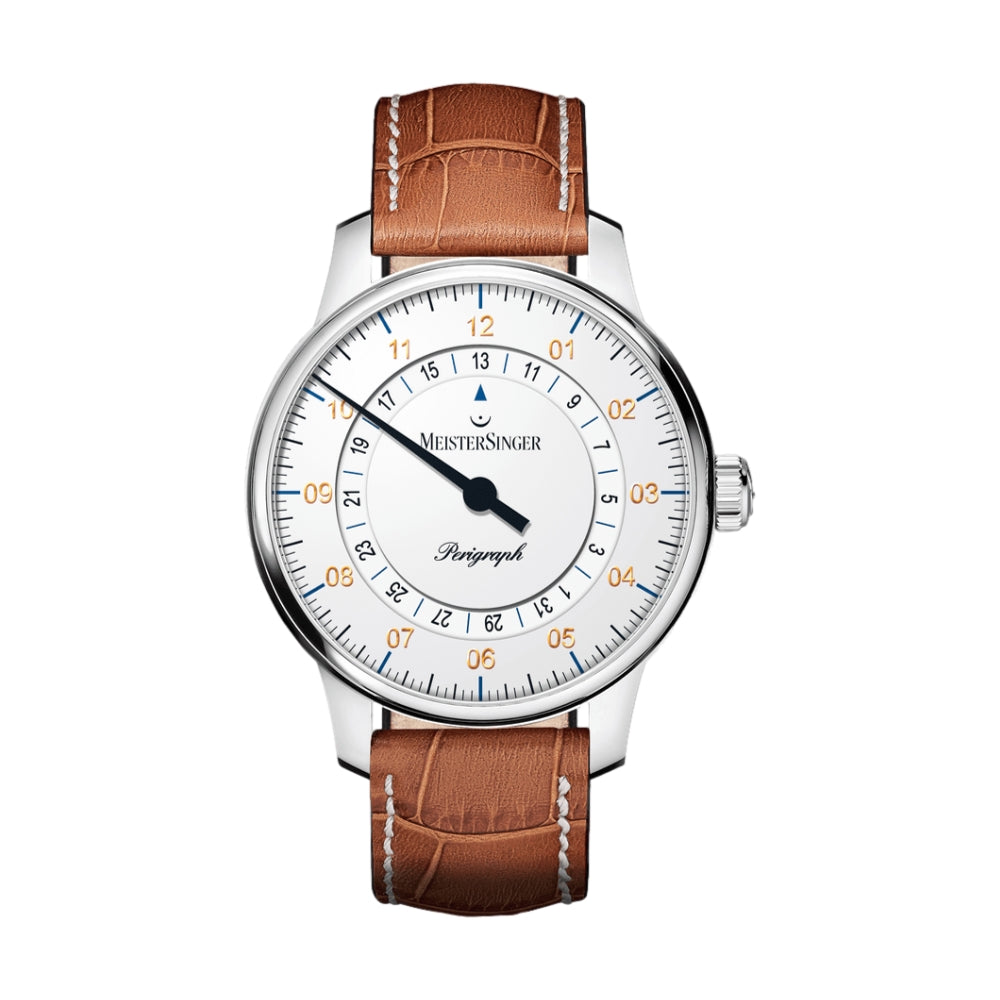 Perigraph White Dial 38mm on Cognac Croco Print Leather Strap w/ White Stitching