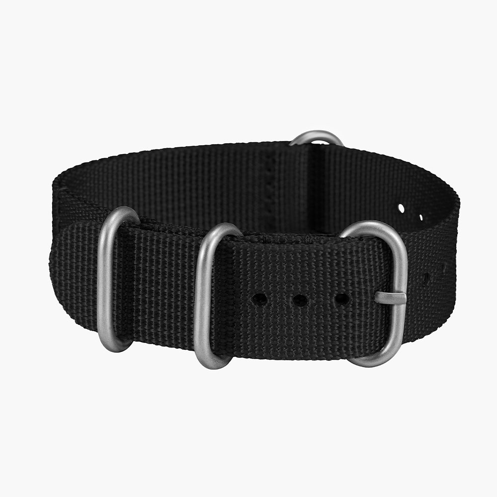 Military One Piece Black NATO strap with silver metal hardware and three loops