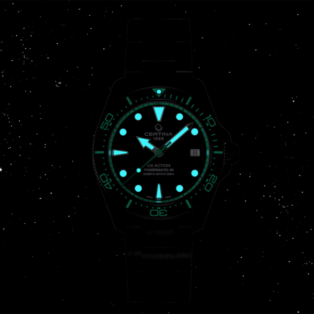 DS Action Diver Powermatic 80 38mm - Black, Green Accents on Bracelet w/ Additional Rubber Strap