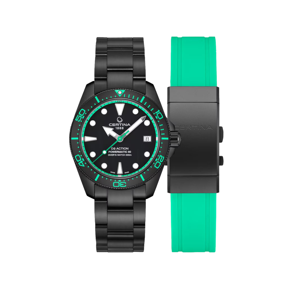 DS Action Diver Powermatic 80 38mm - Black, Green Accents on Bracelet w/ Additional Rubber Strap