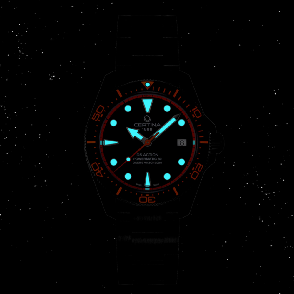 DS Action Diver Powermatic 80 38mm - Black, Orange Accents on Bracelet w/ Additional Rubber Strap