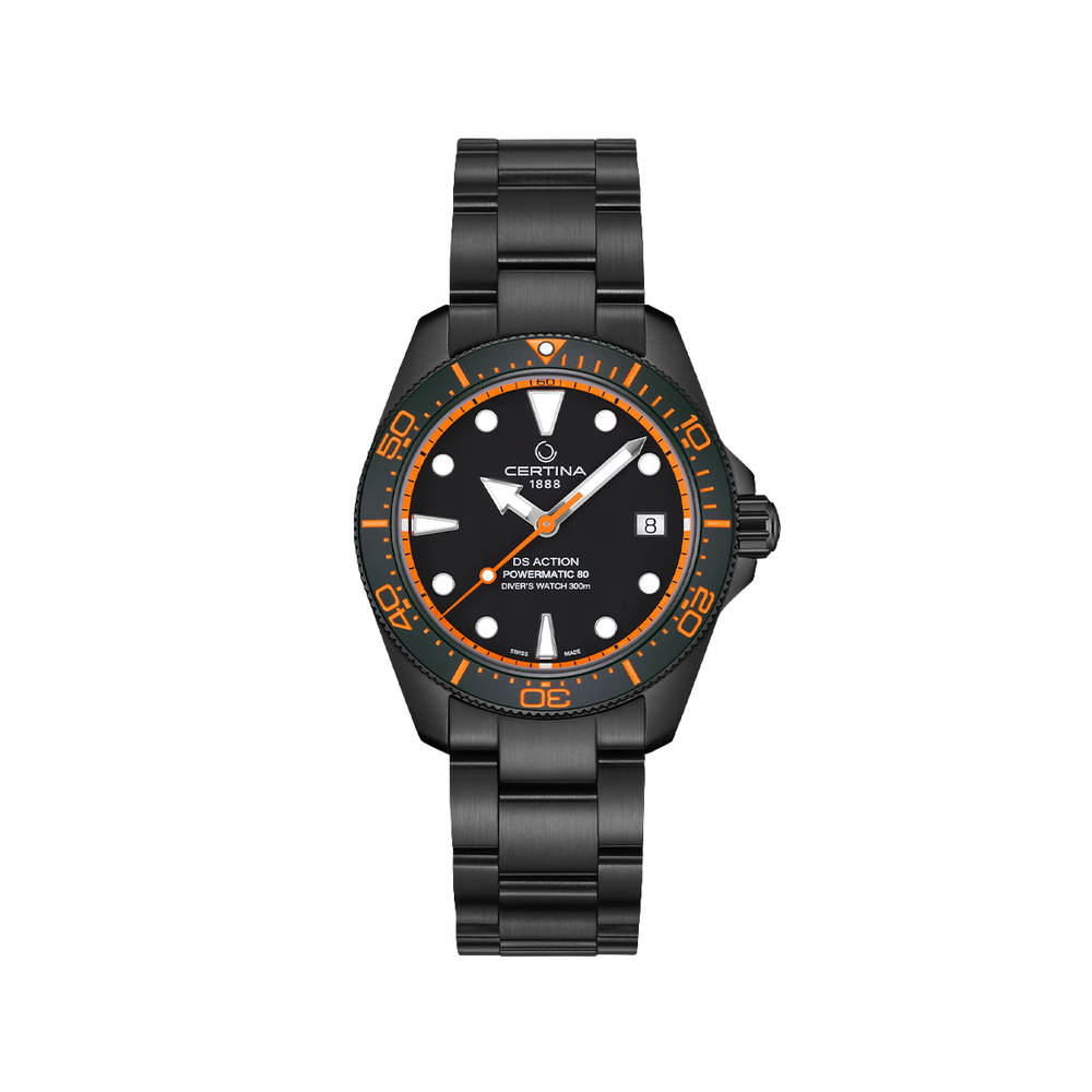 DS Action Diver Powermatic 80 38mm - Black, Orange Accents on Bracelet w/ Additional Rubber Strap