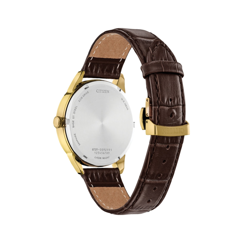 Back view of a gold-tone Citizen watch with brown leather strap