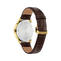 Back view of a gold-tone Citizen watch with brown leather strap