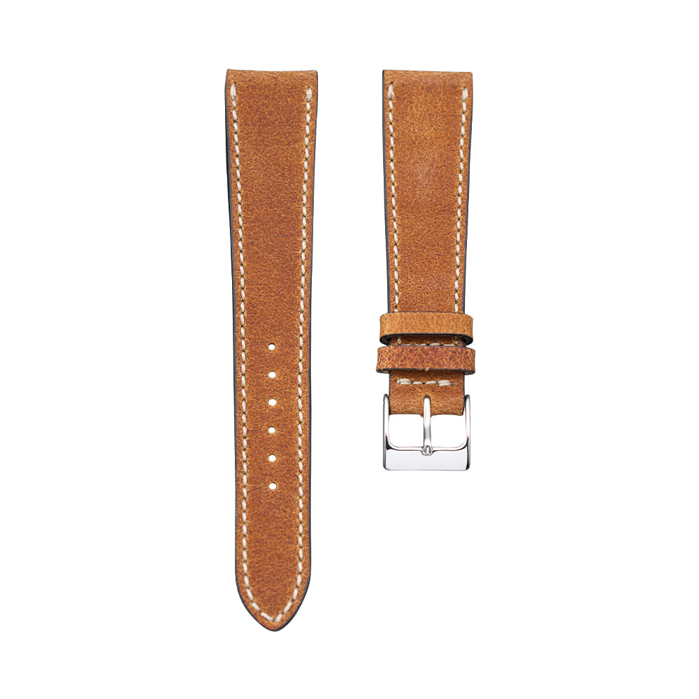 Camel brown distressed nubuck leather watch strap two-piece set with a silver buckle