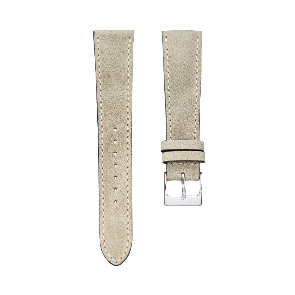 Green gray distressed nubuck leather watch strap in two pieces with a metal buckle.
