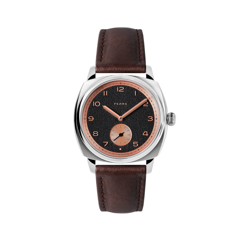 Brunswick 38 Charcoal Rose watch with chestnut brown leather strap