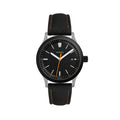 Close up of Redcliff 39.5 Date watch with black FKM rubber strap and orange stitching