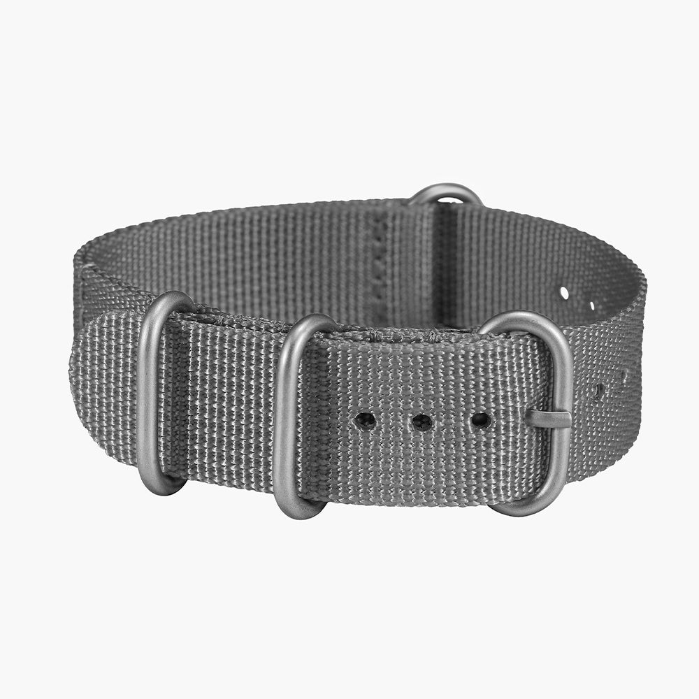 Grey Military One Piece Nylon Strap with three metal D rings and adjustable holes
