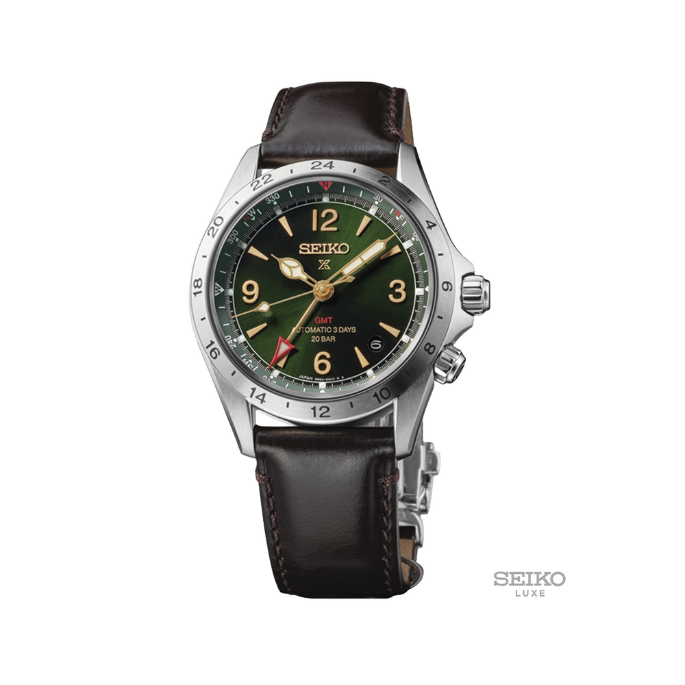 Front view of HBC007 Prospex Land 39.5mm watch with green dial on a brown leather strap