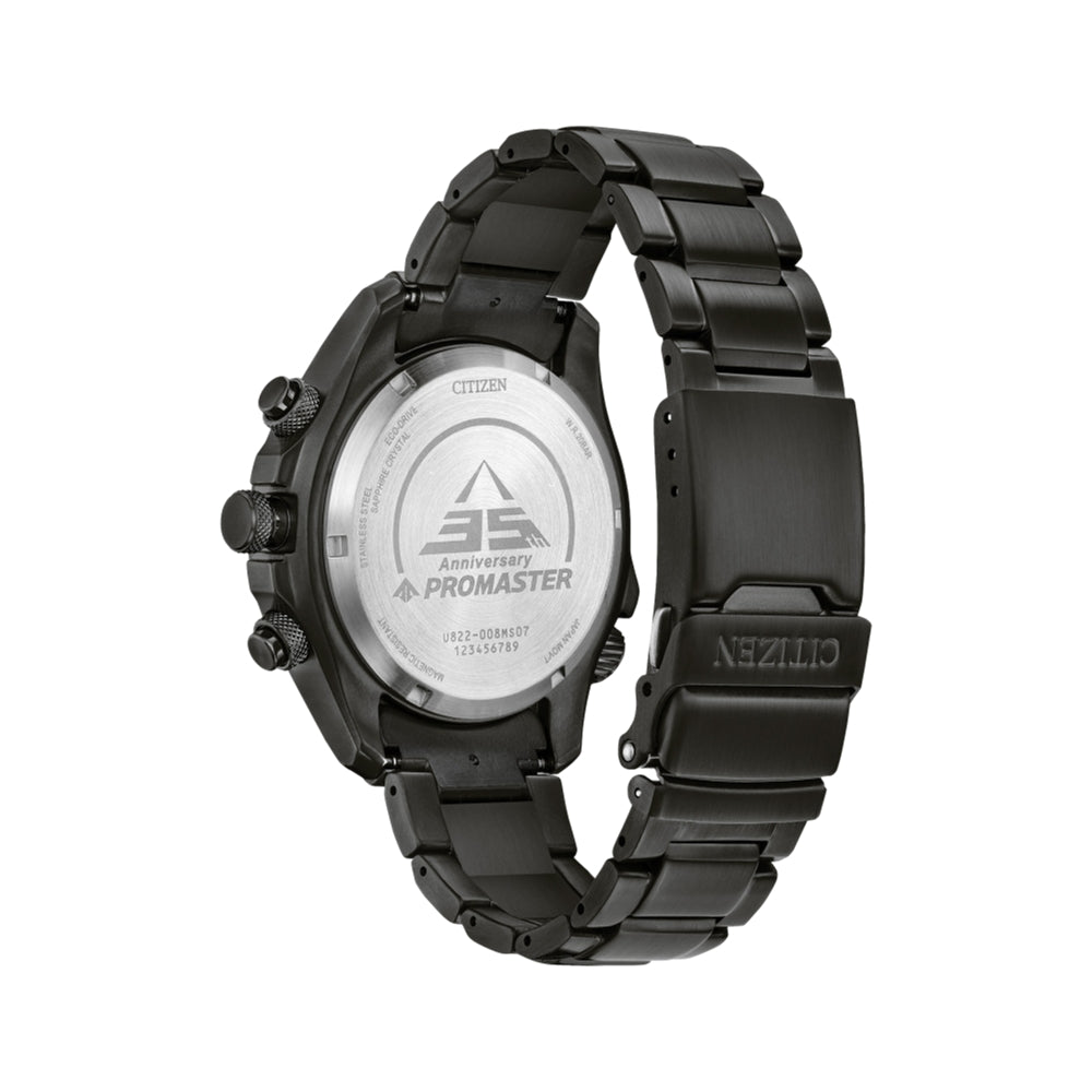 Back view of Promaster Land 35th anniversary edition on a black bracelet