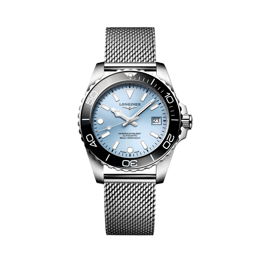 HydroConquest 39mm - Blue, Black Bezel on Mesh Bracelet