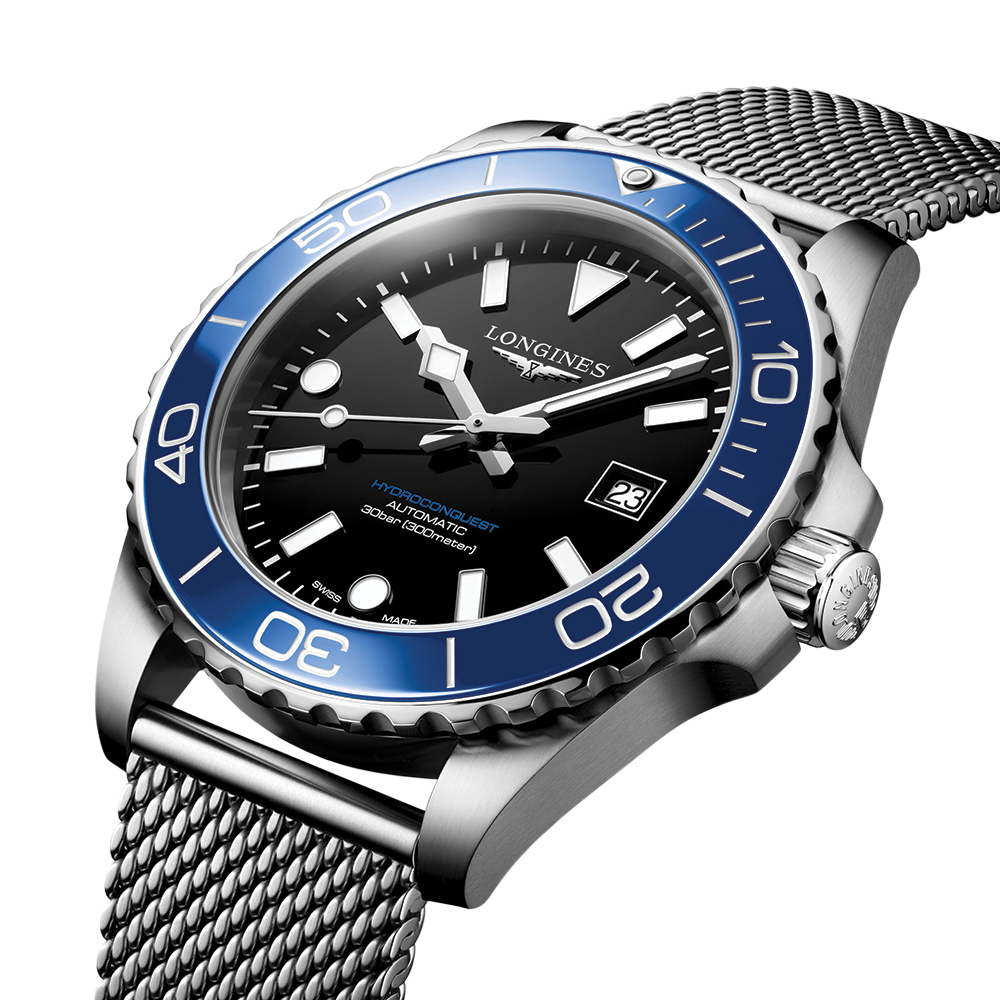 HydroConquest 42mm - Black, Blue Bezel on Mesh Bracelet