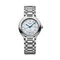 Longines Primaluna 30mm watch with white mother-of-pearl dial diamond markers and blue hands on a stainless steel bracelet