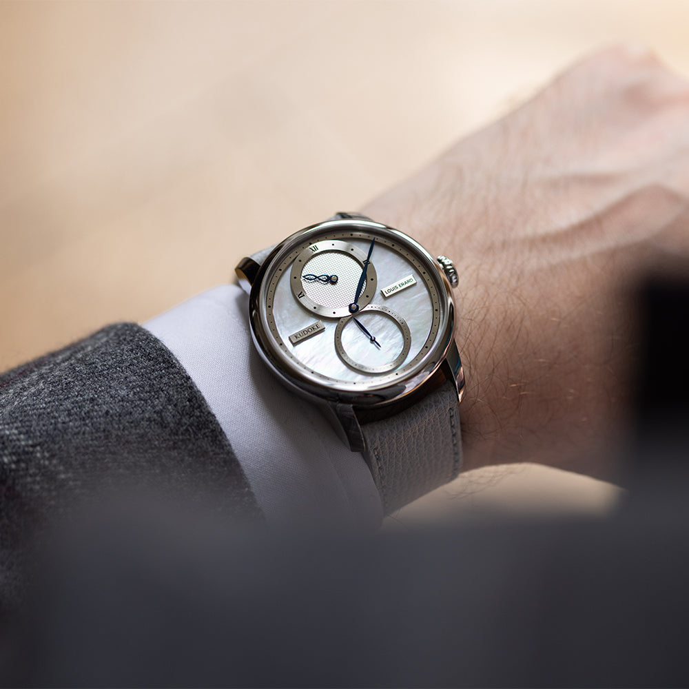 Louis Erard x KUDOKE Le Régulateur 42mm - White, Mother-of-Pearl on Leather Strap