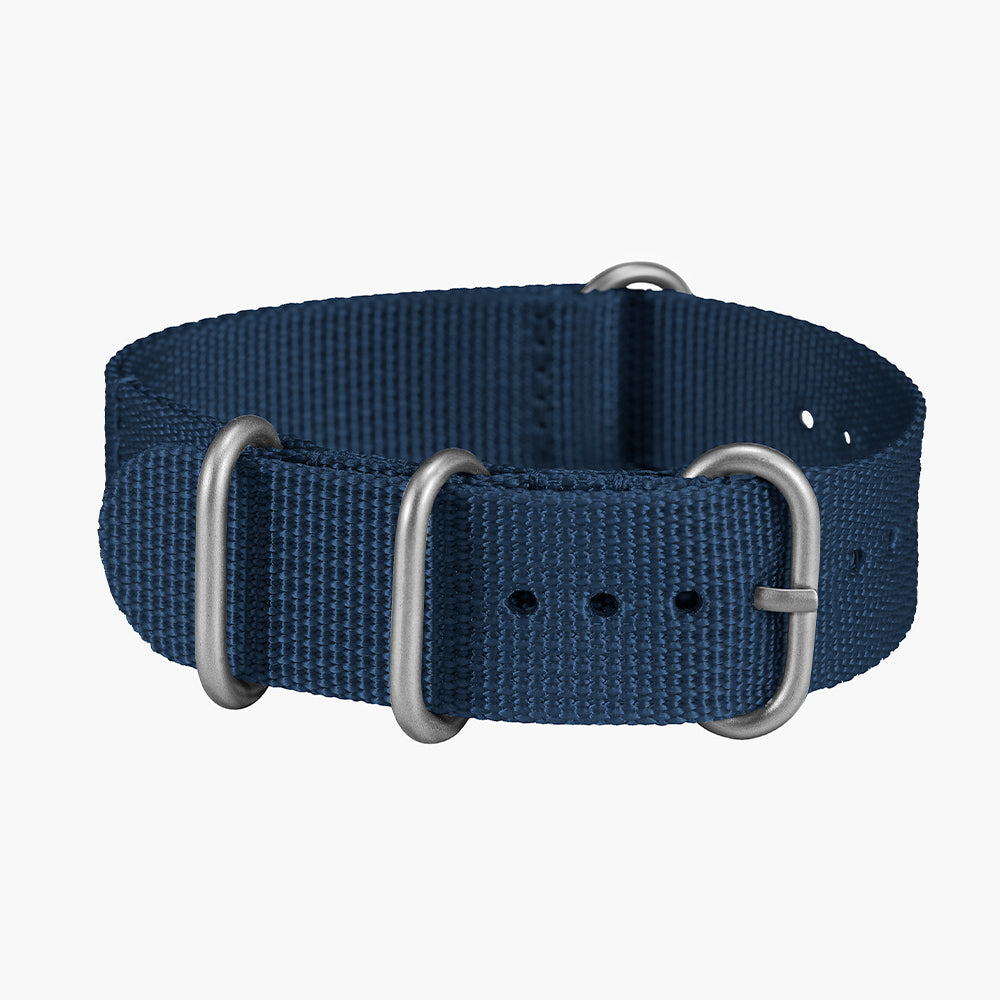 Navy blue military style one piece nylon watch strap with metal loops