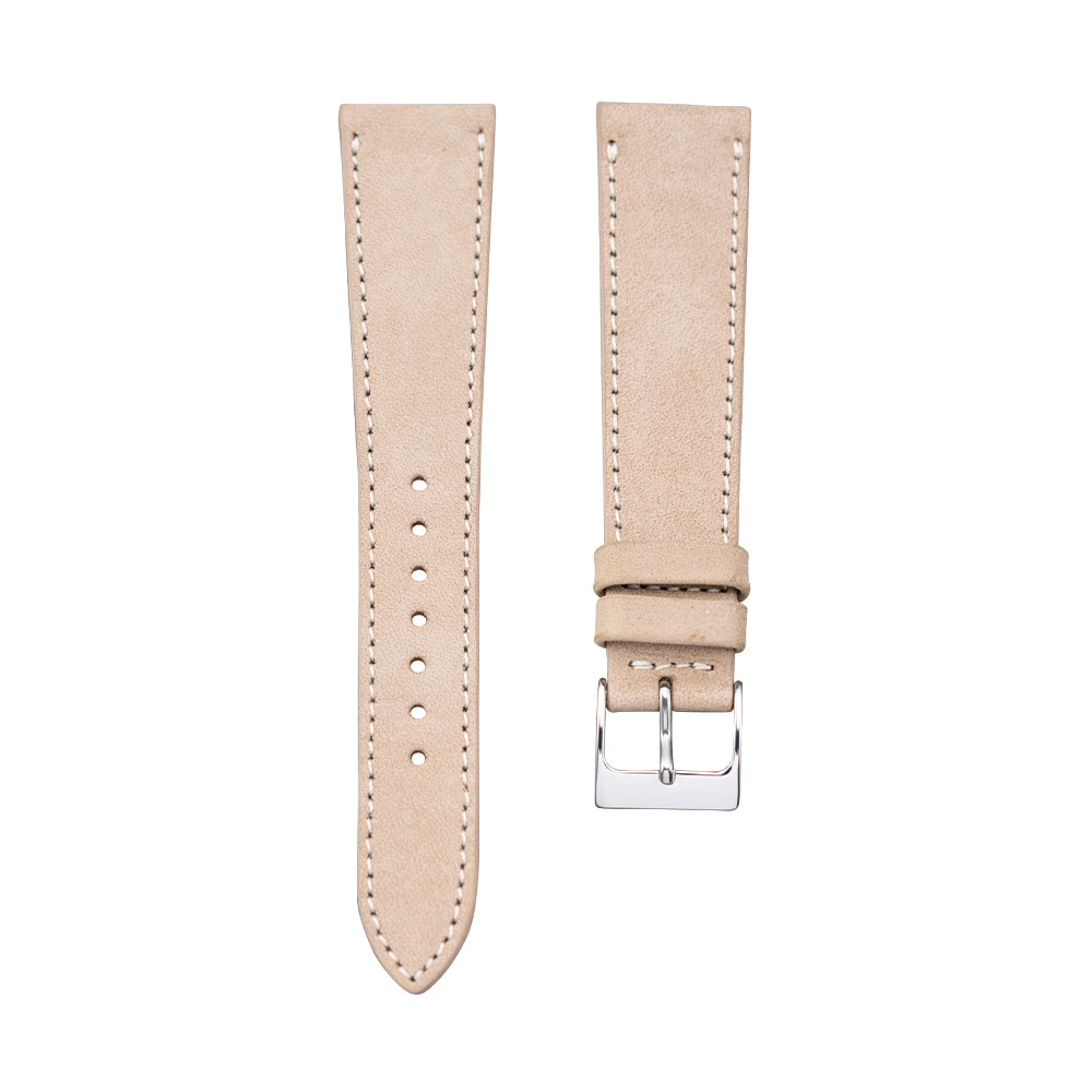 Beige nubuck leather watch strap in two pieces with a silver buckle