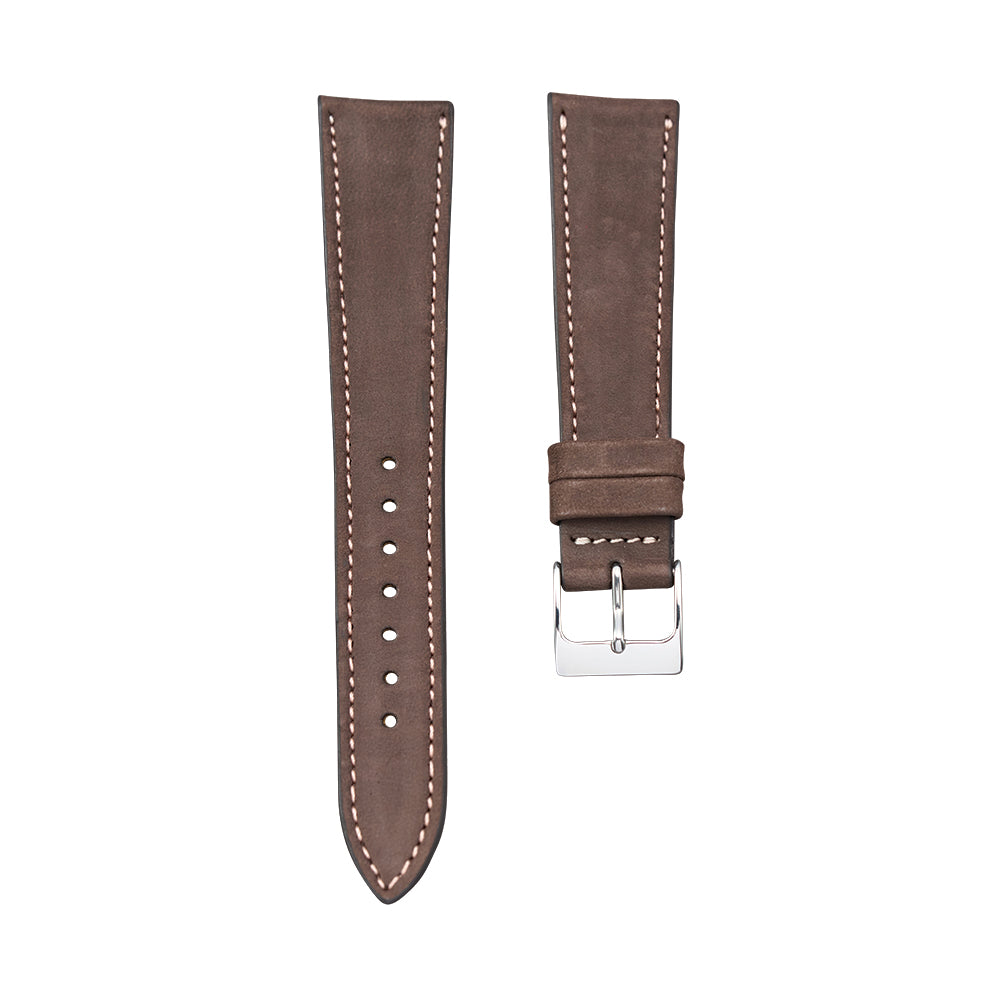 Dark brown nubuck leather watch strap in two pieces with a polished silver buckle