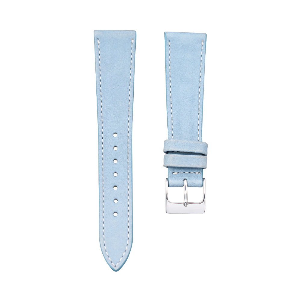 Two-piece light blue nubuck leather watch strap set with white stitching and metal buckle.
