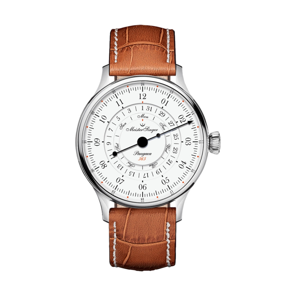 Pangaea Day Date White Dial 40mm on Cognac Croco Print Leather Strap w/ White Stitching