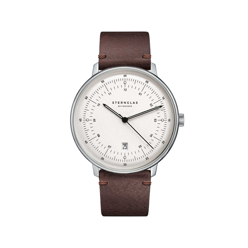 Sternglas Hamburg Quartz 42mm watch with a white dial and brown leather strap