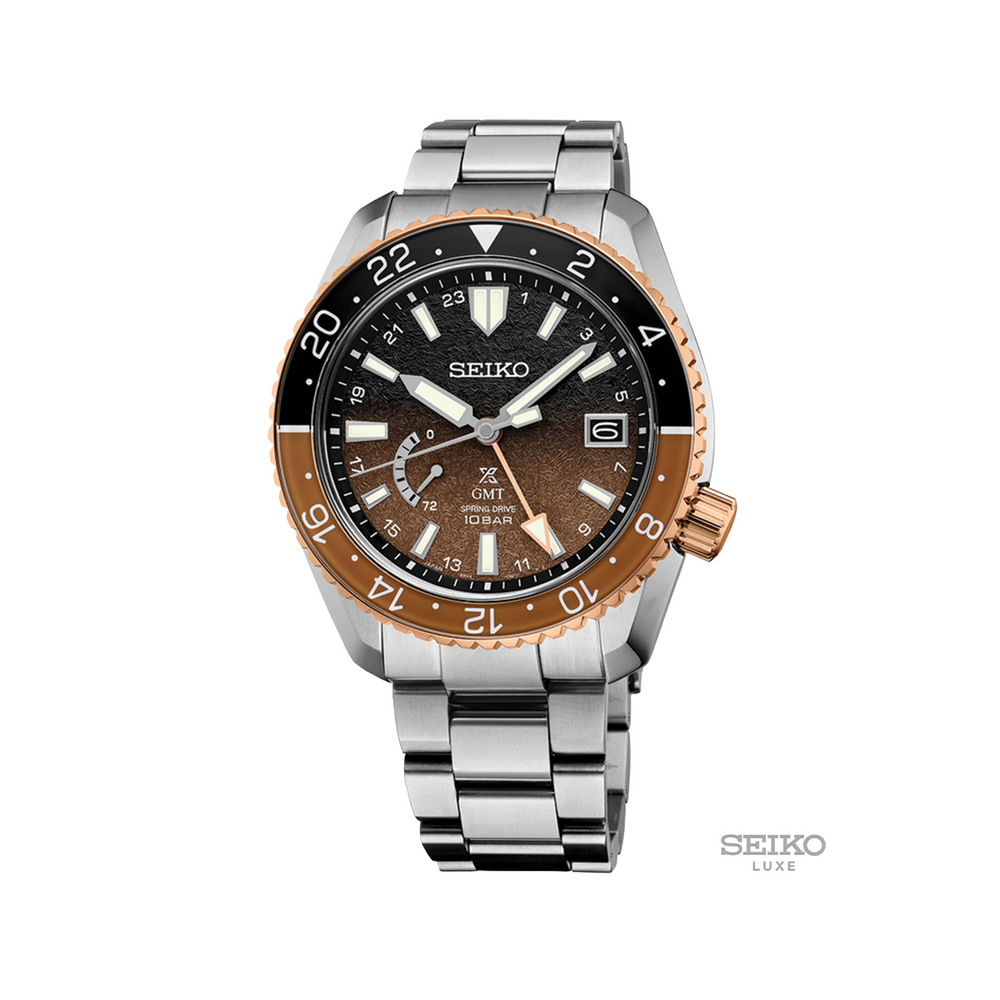 Seiko Prospex LX GMT U.S. Special Edition on stainless steel bracelet with bronze bezel and gradient dial.