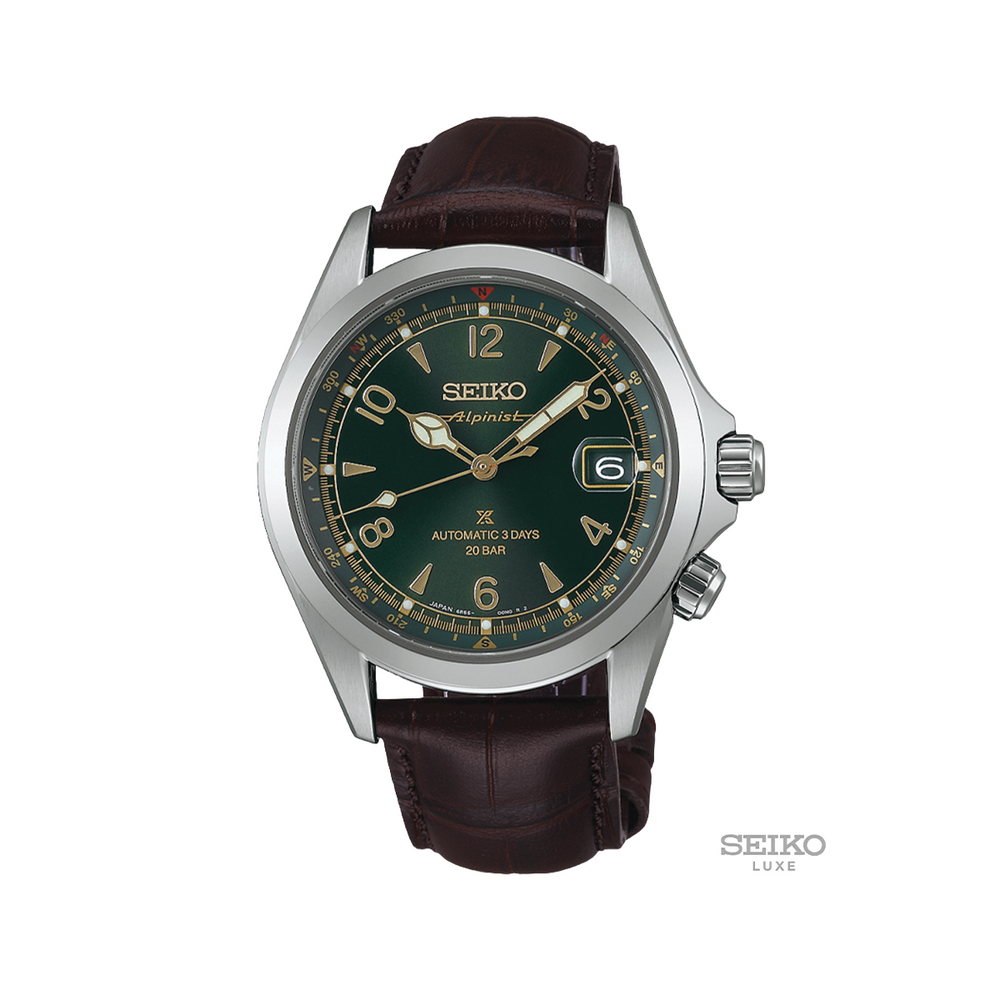 Seiko Prospex Alpinist with green dial on brown leather strap and date window at 3