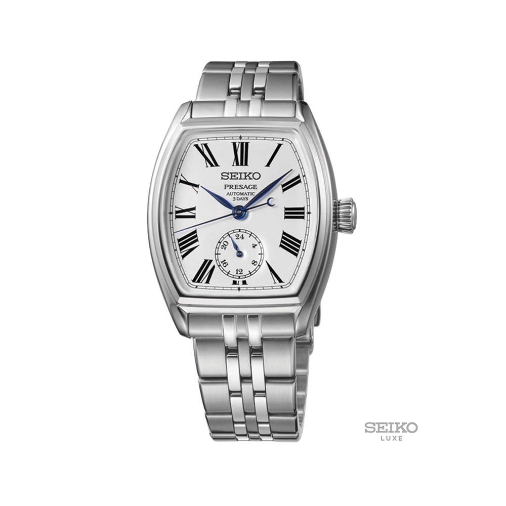 Presage Craftsmanship Enamel SPB537 white dial with black Roman numerals blue hands on a stainless steel bracelet