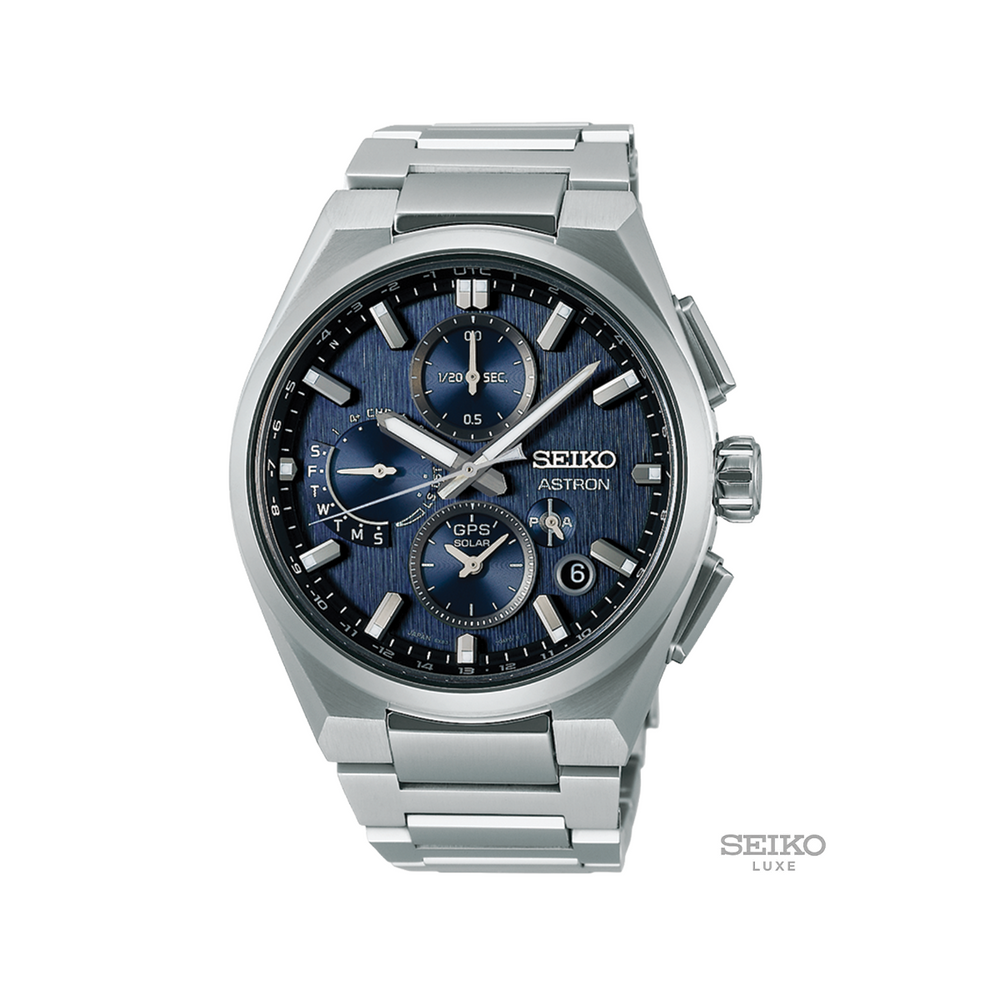SSH161 Astron 42mm blue dial chronograph on a brushed stainless steel bracelet