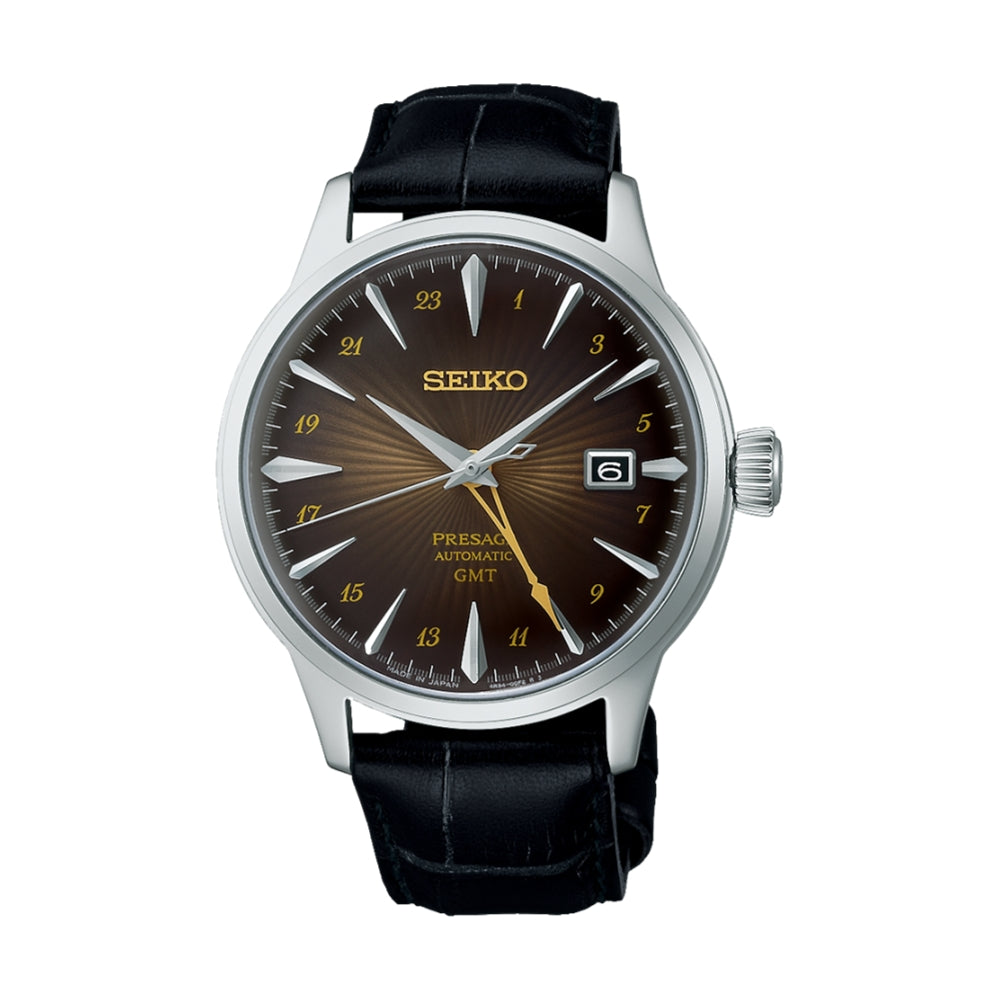 Front view of Seiko Presage Cocktail Time GMT SSK039 with brown sunburst dial and black leather strap