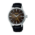 Front view of Seiko Presage Cocktail Time GMT SSK039 with brown sunburst dial and black leather strap