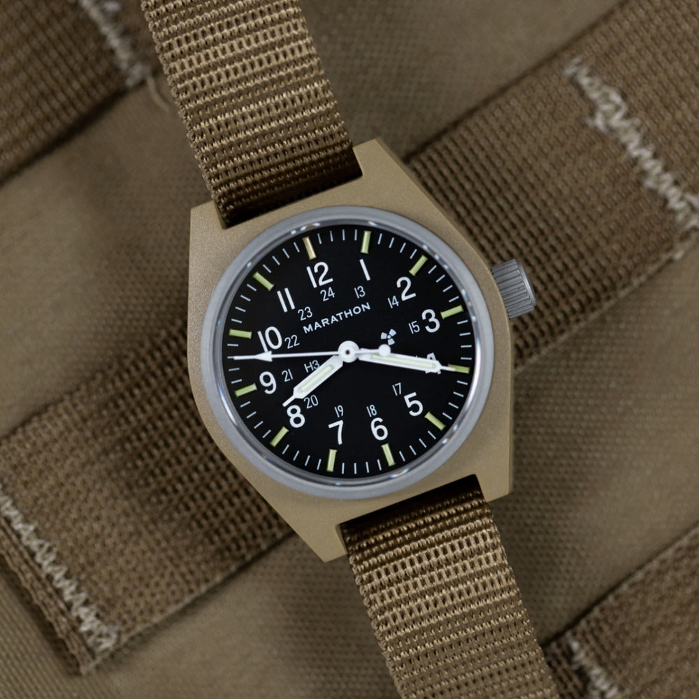 GPM Standard-Issue Tritium Field Mechanical Type II Desert Tan 34mm - Black on Fabric Strap