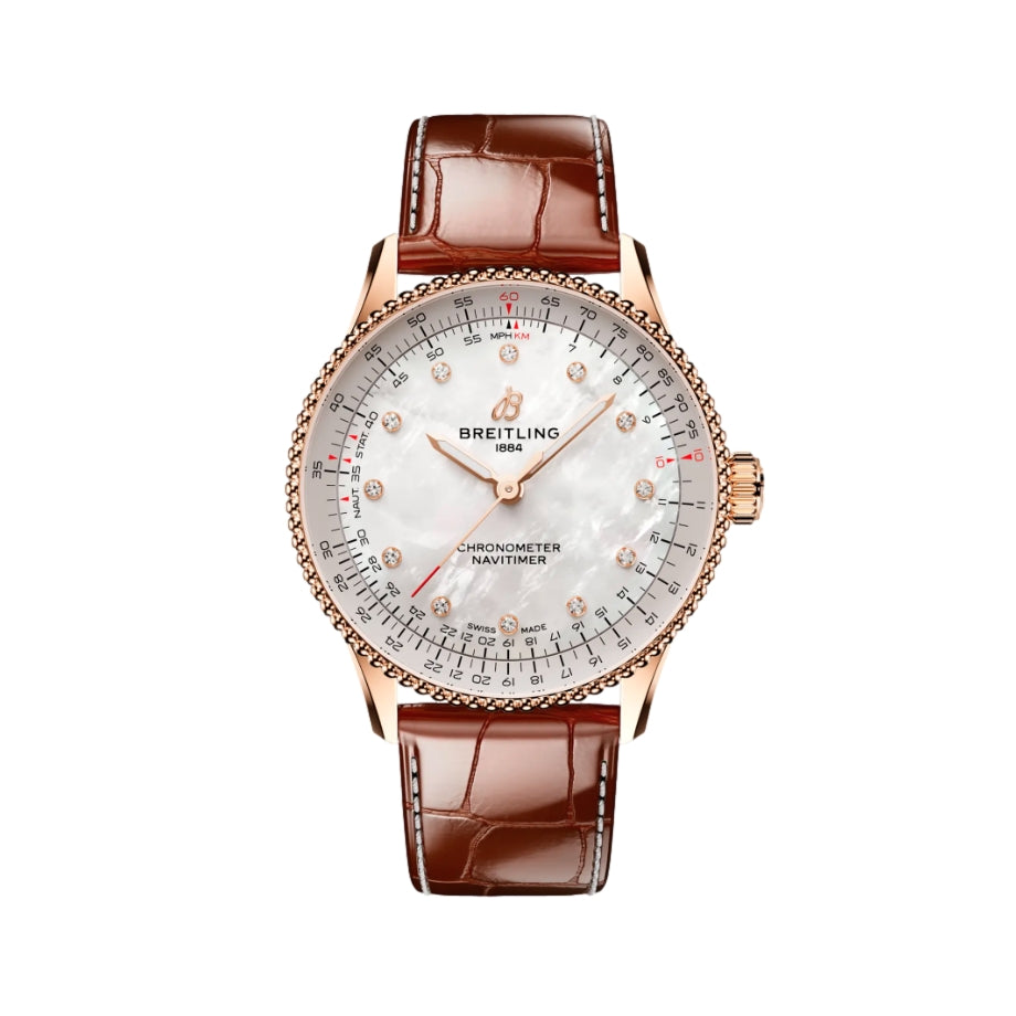 Navitimer Automatic Red Gold 36mm - White w/ Diamonds on Leather Strap