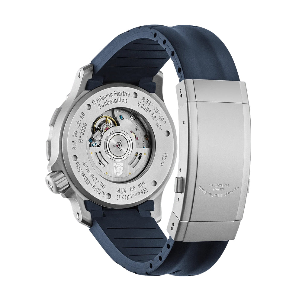 Seebataillon GMT 45mm timepiece with blue rubber strap visible from the caseback exposing its movement