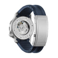 Seebataillon GMT 45mm timepiece with blue rubber strap visible from the caseback exposing its movement
